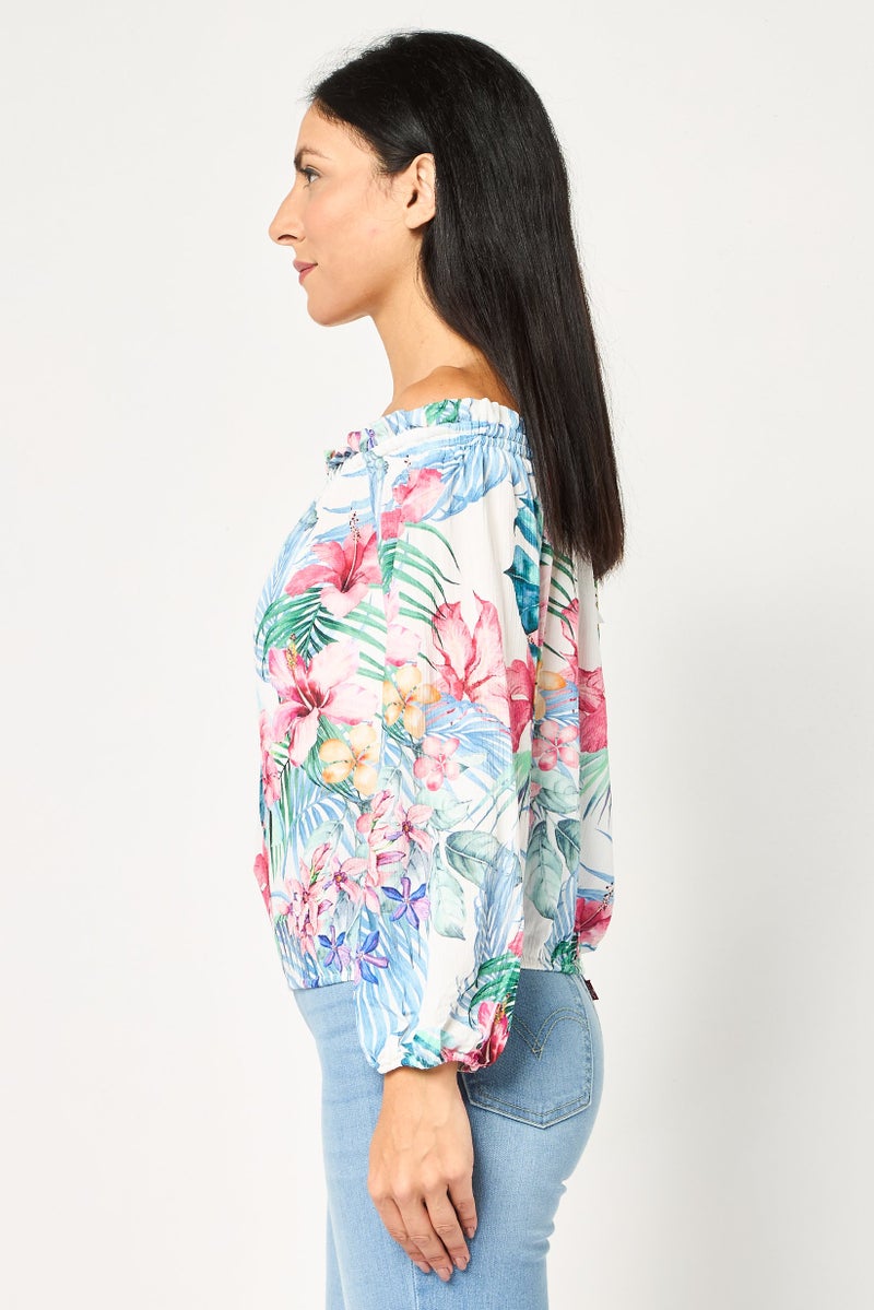 Mohito Women Off-Shoulder Neckline Long Sleeve Floral Print Top, Multicolor - Image 4