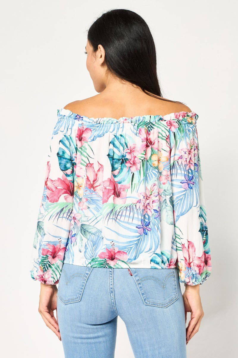 Mohito Women Off-Shoulder Neckline Long Sleeve Floral Print Top, Multicolor - Image 3