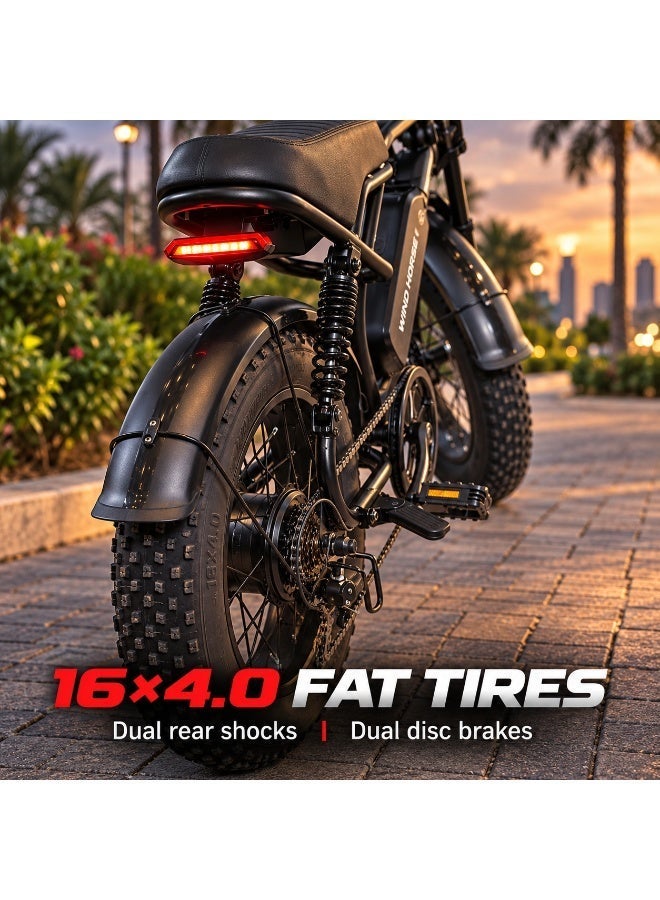 Wind Horse V8 Mini Electric Bike | 750W Motor (1255W Peak), 60 km Range, 50 km/h Top Speed, 16" x 4.0" Fat Tires, Bluetooth Speaker & Artificial Engine Sound - Image 5