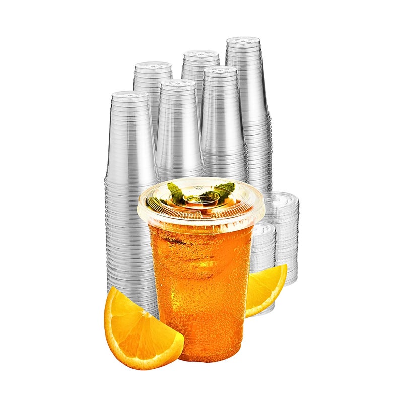 Green Direct 16 oz Disposable Plastic Clear Cups With Flat Lids for Cold Drink  Bubble Boba  Iced Coffee  Tea  Smoothie Pack of 100