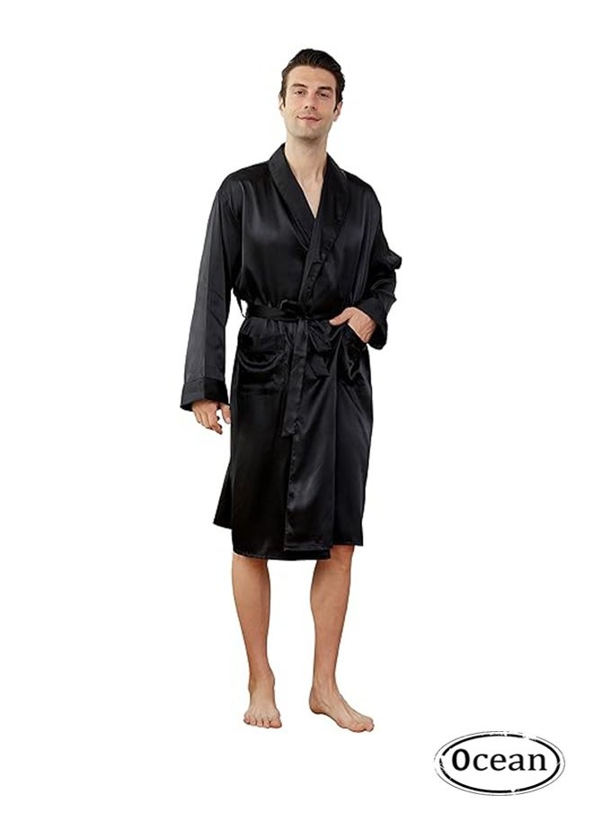Ocean - Men's Satin Robe Super Lightweight Kimono (Black), V-Neck Print Design,Fashionable And High-End, with Simple Pockets, Practical And Beautiful, Suitable for Wearing At Home And Business Trip - Image 1