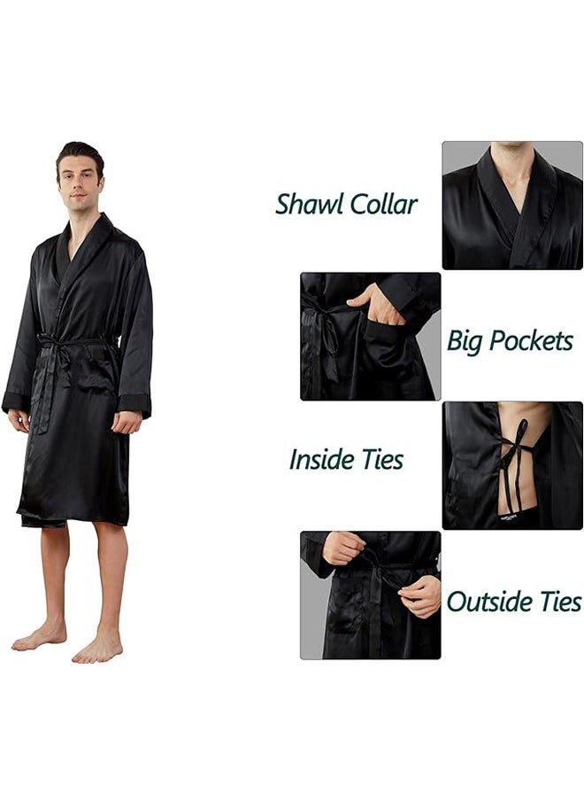 Ocean - Men's Satin Robe Super Lightweight Kimono (Black), V-Neck Print Design,Fashionable And High-End, with Simple Pockets, Practical And Beautiful, Suitable for Wearing At Home And Business Trip - Image 1