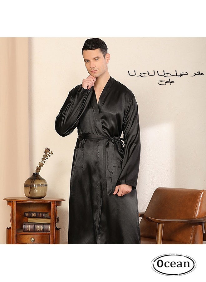 Ocean - Men's Satin Robe Super Lightweight Kimono (Black), V-Neck Print Design,Fashionable And High-End, with Simple Pockets, Practical And Beautiful, Suitable for Wearing At Home And Business Trip - Image 1