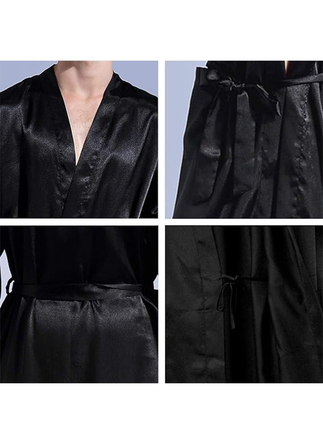 Ocean - Men's Satin Robe Super Lightweight Kimono (Black), V-Neck Print Design,Fashionable And High-End, with Simple Pockets, Practical And Beautiful, Suitable for Wearing At Home And Business Trip - Image 1