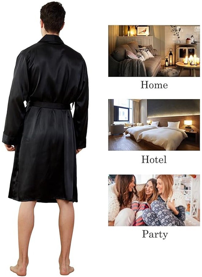Ocean - Men's Satin Robe Super Lightweight Kimono (Black), V-Neck Print Design,Fashionable And High-End, with Simple Pockets, Practical And Beautiful, Suitable for Wearing At Home And Business Trip - Image 1