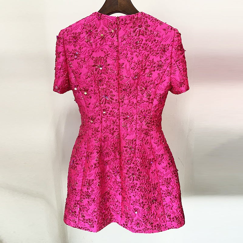 Star Fashion Rose Powder Series Jacquard Heavy Industry Beaded Short Sleeve Dress - Image 3