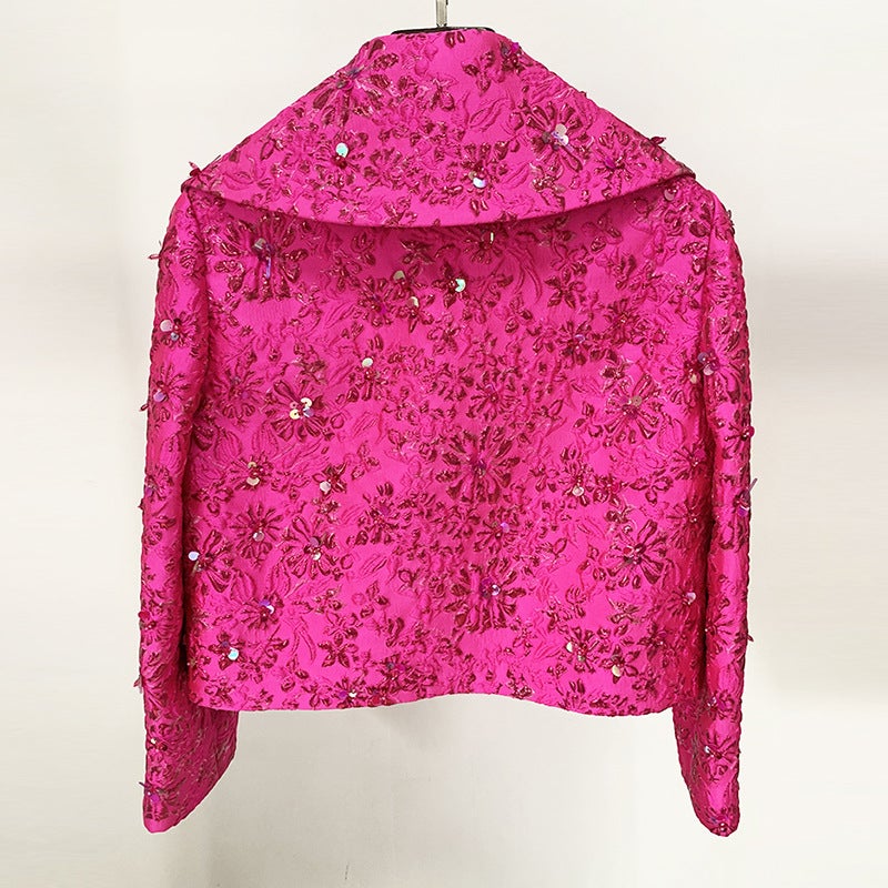 Star Fashion Rose Powder Series Jacquard Heavy Industry Beaded Short Sleeve Dress - Image 5