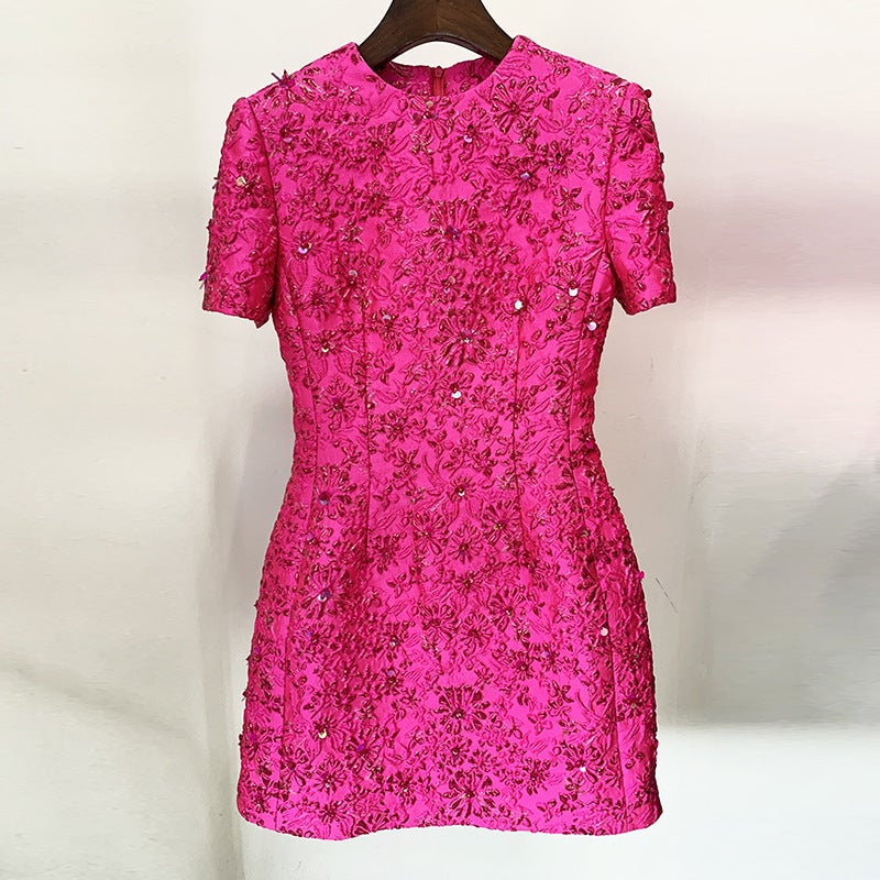 Star Fashion Rose Powder Series Jacquard Heavy Industry Beaded Short Sleeve Dress - Image 2