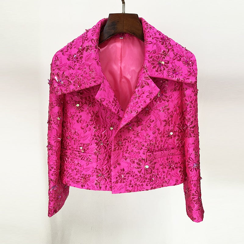Star Fashion Rose Powder Series Jacquard Heavy Industry Beaded Short Sleeve Dress - Image 1