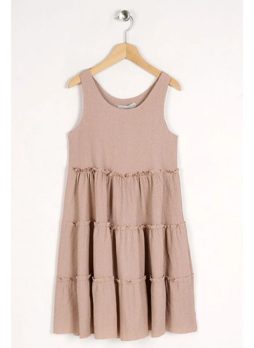زيبكيدز Crew Neck Zero Sleeve Elastic Waist Beige Color Girl Dress