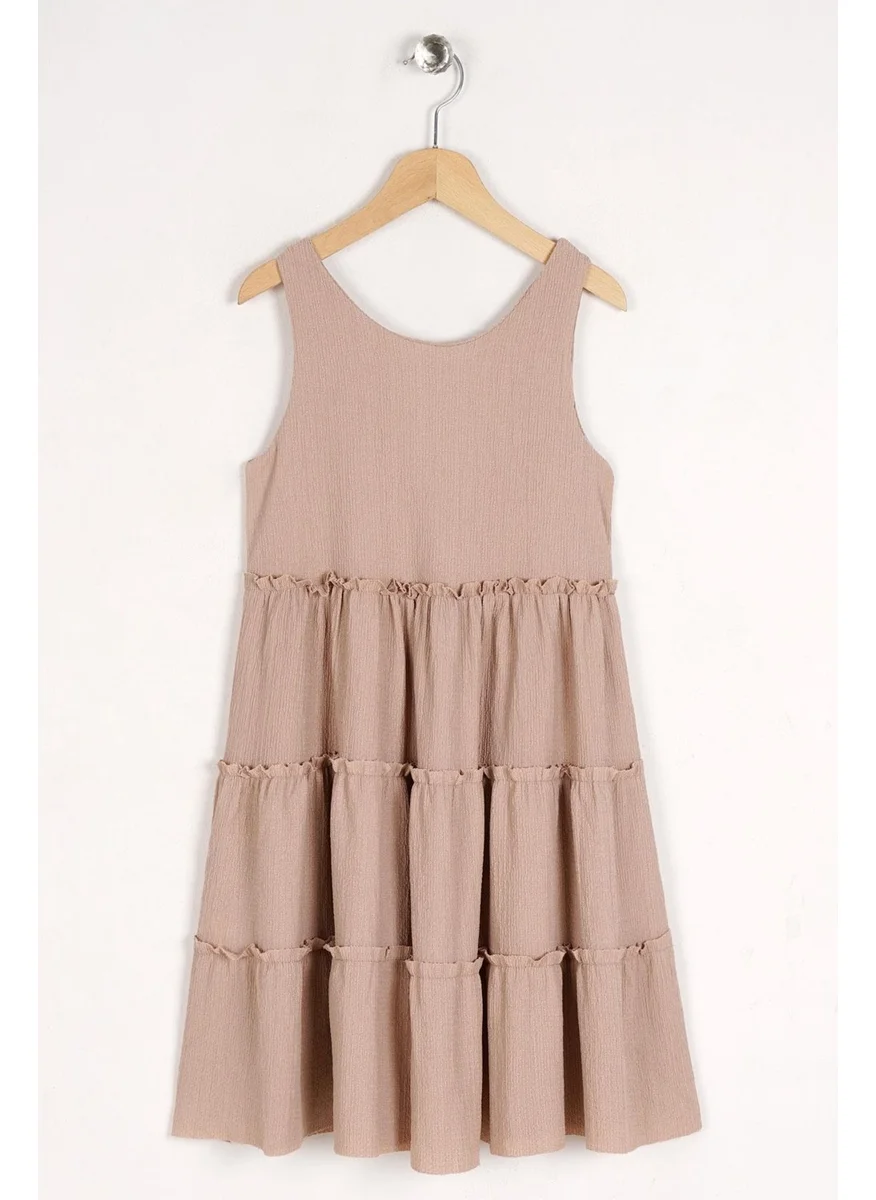 زيبكيدز Crew Neck Zero Sleeve Elastic Waist Beige Color Girl Dress