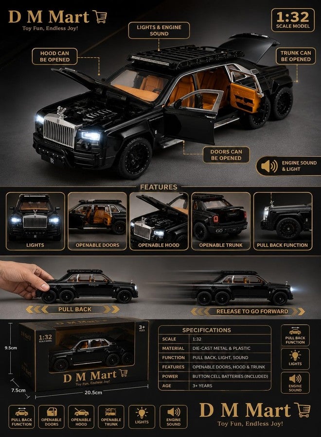 D M Mart 1:32 6x6 Modified RR Phantom Pull Back Die-Cast Metal Car | Luxury Alloy Toy Car with 6 Openable Doors, Sound & Light | Collectible Model Car Gift for Kids & Boys (Black) - Image 4