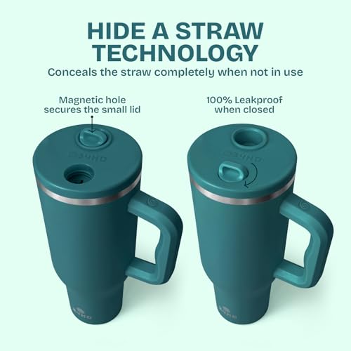 34HD 40 oz Stainless Steel Tumbler - Leakproof Insulated Water Bottle with Handle, Magnetic Lid and Flexible Straw - Iced for 48 Hours – Perfect for Men, Women, Birthday Gift, Green - Teal Mirage - Image 4