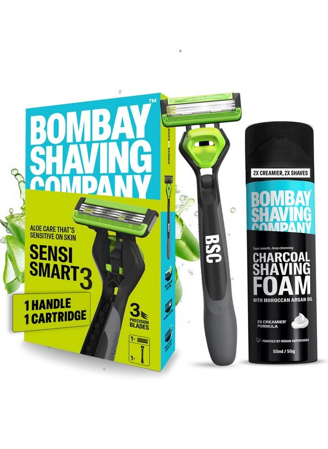 BOMBAY SHAVING COMPANY Sensi Smart 3 Razor And Charcoal Shaving Foam Combo | 3 Blades Shaving Razor For Men | Charcoal Shaving Foam, 50G  - Image 1