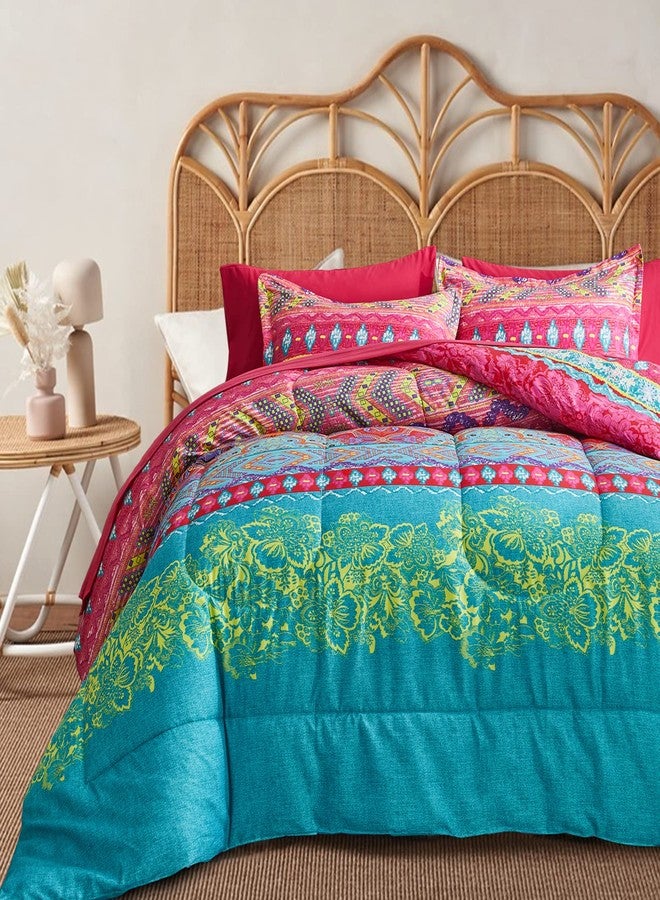 Flysheep Boho Bed in a Bag 7 Pieces Queen Size, Colorful Bohemian Tribal Style Pink n Blue Floral Reversible Comforter Set (1 Comforter, 1 Flat Sheet, 1 Fitted Sheet, 2 Pillow Shams, 2 Pillowcases) - Image 1