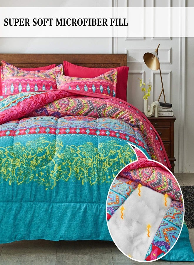 Flysheep Boho Bed in a Bag 7 Pieces Queen Size, Colorful Bohemian Tribal Style Pink n Blue Floral Reversible Comforter Set (1 Comforter, 1 Flat Sheet, 1 Fitted Sheet, 2 Pillow Shams, 2 Pillowcases) - Image 3