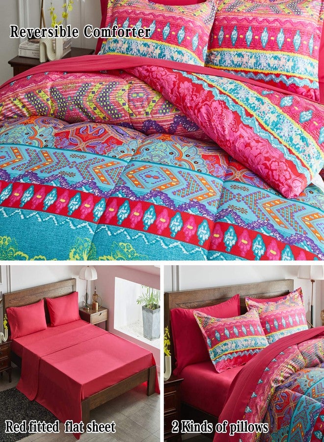 Flysheep Boho Bed in a Bag 7 Pieces Queen Size, Colorful Bohemian Tribal Style Pink n Blue Floral Reversible Comforter Set (1 Comforter, 1 Flat Sheet, 1 Fitted Sheet, 2 Pillow Shams, 2 Pillowcases) - Image 4