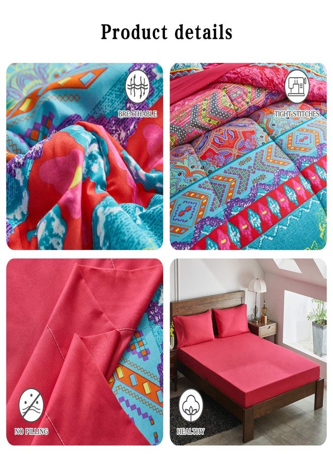 Flysheep Boho Bed in a Bag 7 Pieces Queen Size, Colorful Bohemian Tribal Style Pink n Blue Floral Reversible Comforter Set (1 Comforter, 1 Flat Sheet, 1 Fitted Sheet, 2 Pillow Shams, 2 Pillowcases) - Image 5