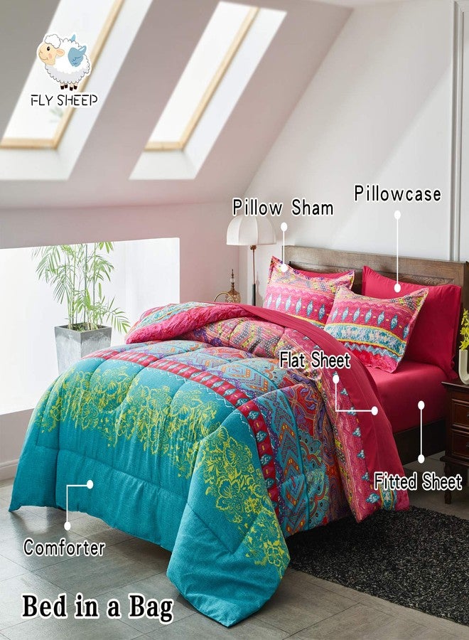 Flysheep Boho Bed in a Bag 7 Pieces Queen Size, Colorful Bohemian Tribal Style Pink n Blue Floral Reversible Comforter Set (1 Comforter, 1 Flat Sheet, 1 Fitted Sheet, 2 Pillow Shams, 2 Pillowcases) - Image 2
