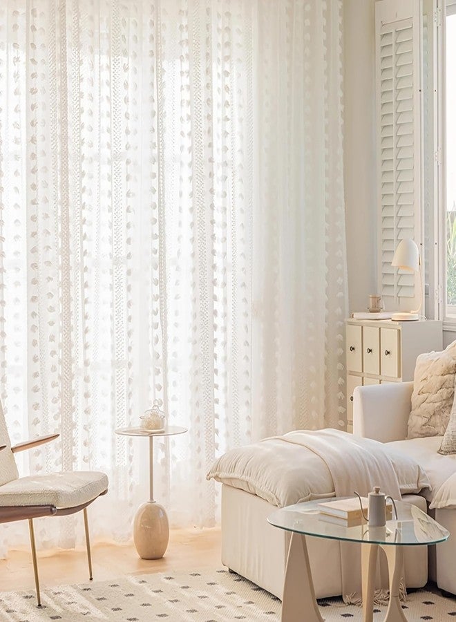 ColorBird Pom Pom White Sheer Curtains 63 Inch Length for Bedroom, Boho Lightweight Nursery Tufted Curtains with 2 Panels,Cute Light Filtering Privacy Rod Pocket Curtains for Living Room - Image 4