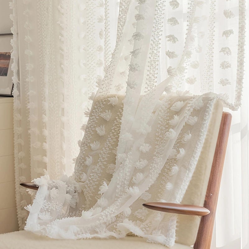 ColorBird Pom Pom White Sheer Curtains 63 Inch Length for Bedroom, Boho Lightweight Nursery Tufted Curtains with 2 Panels,Cute Light Filtering Privacy Rod Pocket Curtains for Living Room - Image 1