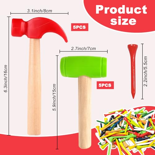AIHSUMC 10 Pcs Kids Wooden Hammer Toy with 100 Pcs Colorful Wood Golf Tees Small Plastic Hammer Simulation Hammers Educational Toys for Children Gift Birthday Party Red and Green - Image 5