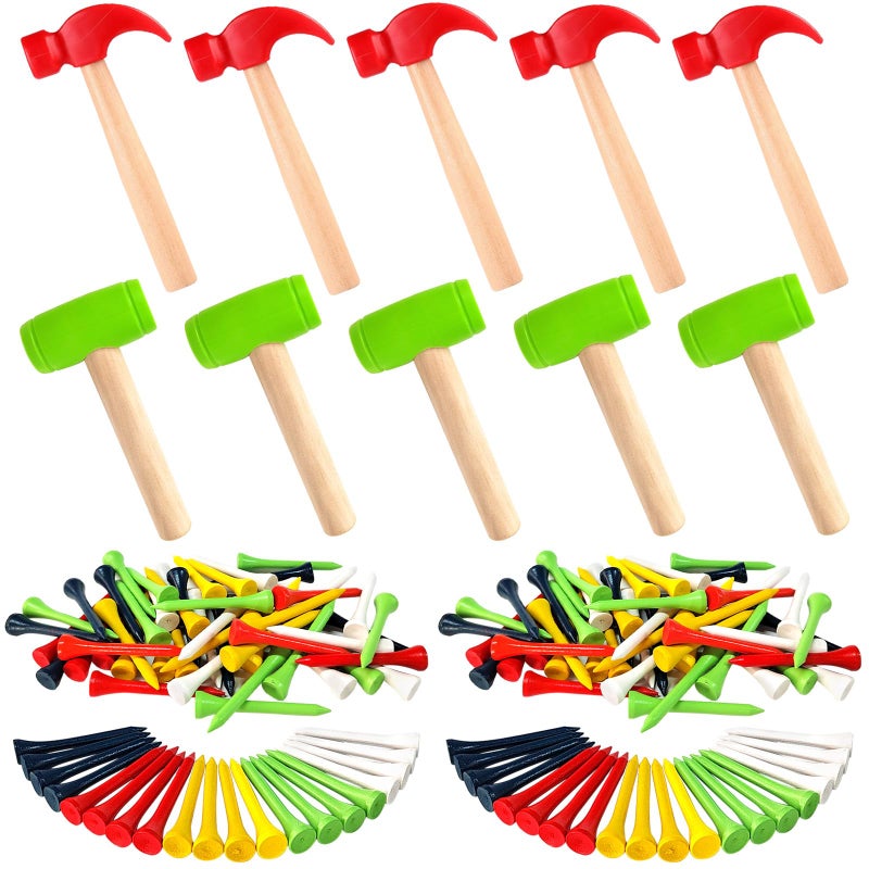 AIHSUMC 10 Pcs Kids Wooden Hammer Toy with 100 Pcs Colorful Wood Golf Tees Small Plastic Hammer Simulation Hammers Educational Toys for Children Gift Birthday Party Red and Green - Image 3