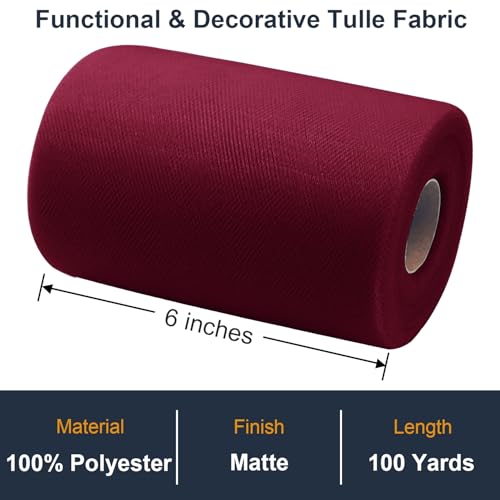 Ableme Deco Tulle Fabric Roll 6 Inch by 100 Yards (300 ft) Tulle Ribbon Sheer Mesh Netting for DIY Tutu Skirt Gift Wrapping Wedding Baby Shower Birthday Halloween Party Decorations Crafts, 34 Colors (Burgundy) - Image 2
