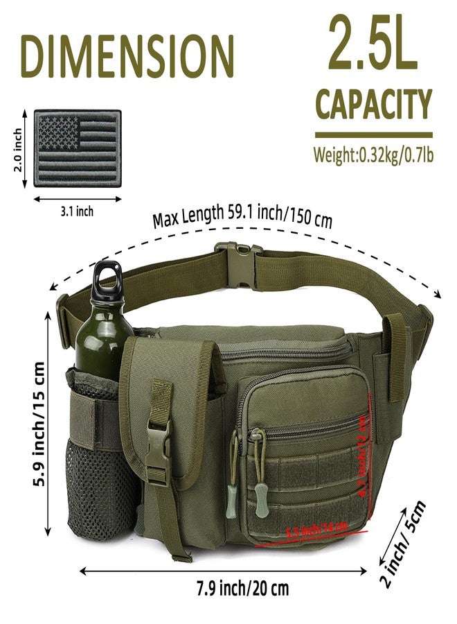 Aocmpxs Tactical Fanny Pack For Men, Military Waist Bag Adjustable Hip Belt BumBag EDC Bags for Outdoor Fishing Hiking Hunting with Bottle Holder Pouch and US Flag Patch (Green) - Image 2
