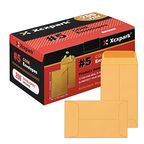 Xxcxpark 200PCS #5 Coin Envelopes 3.125x5.5 inches Brown Kraft Envelopes Classic Small Parts Gummed Flap for Coins, Cash, Credit Cards, Seeds - Image 1