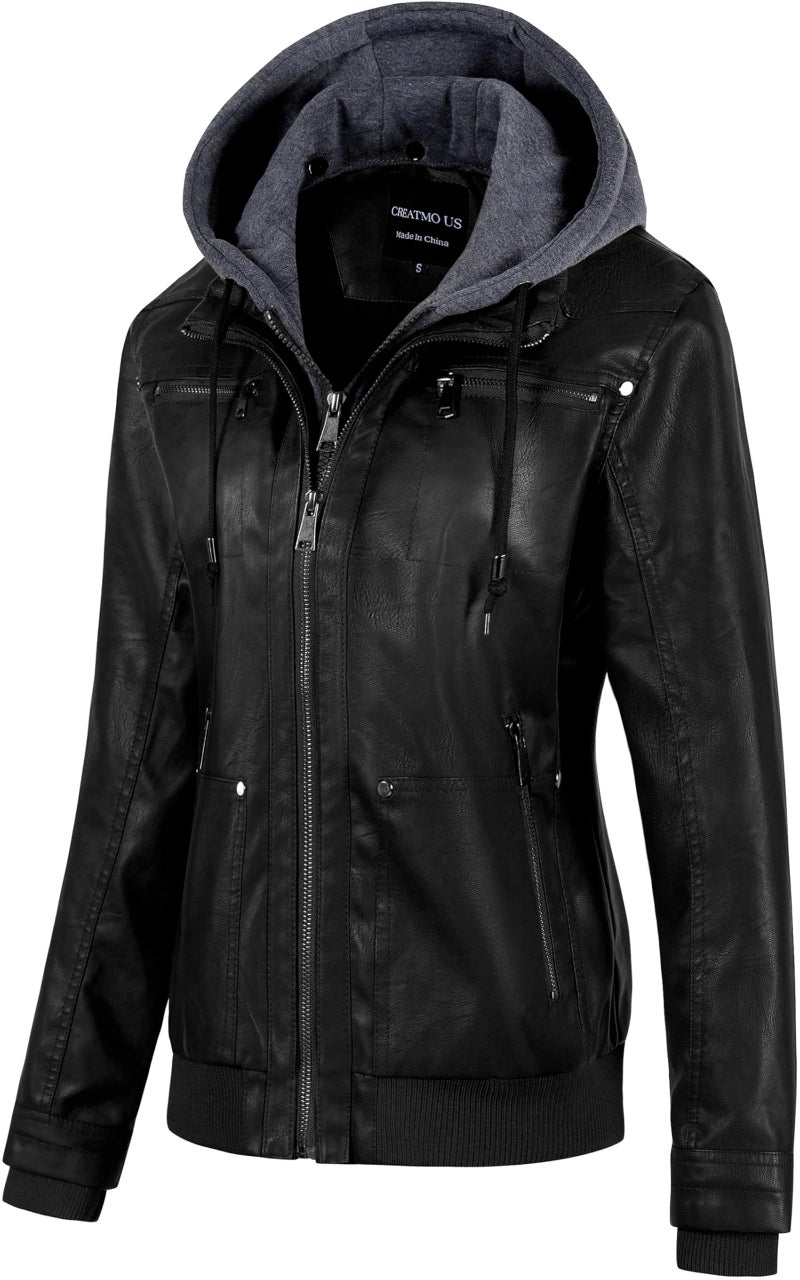 CREATMO US Jackets For Women Fall Leather Coats Chaqueta Cuero Mujer Ladies Faux Leather Motorcycle Jacket Biker Coat With Removable Hood Black L - Image 2