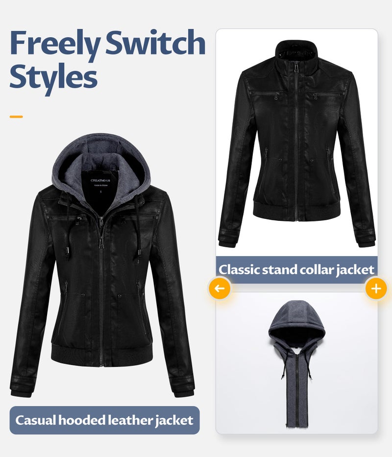 CREATMO US Jackets For Women Fall Leather Coats Chaqueta Cuero Mujer Ladies Faux Leather Motorcycle Jacket Biker Coat With Removable Hood Black L - Image 4