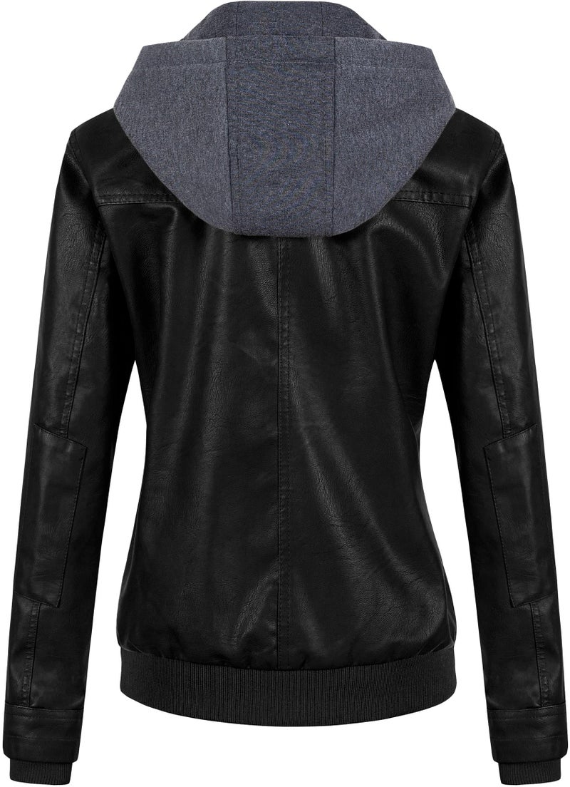 CREATMO US Jackets For Women Fall Leather Coats Chaqueta Cuero Mujer Ladies Faux Leather Motorcycle Jacket Biker Coat With Removable Hood Black L - Image 3