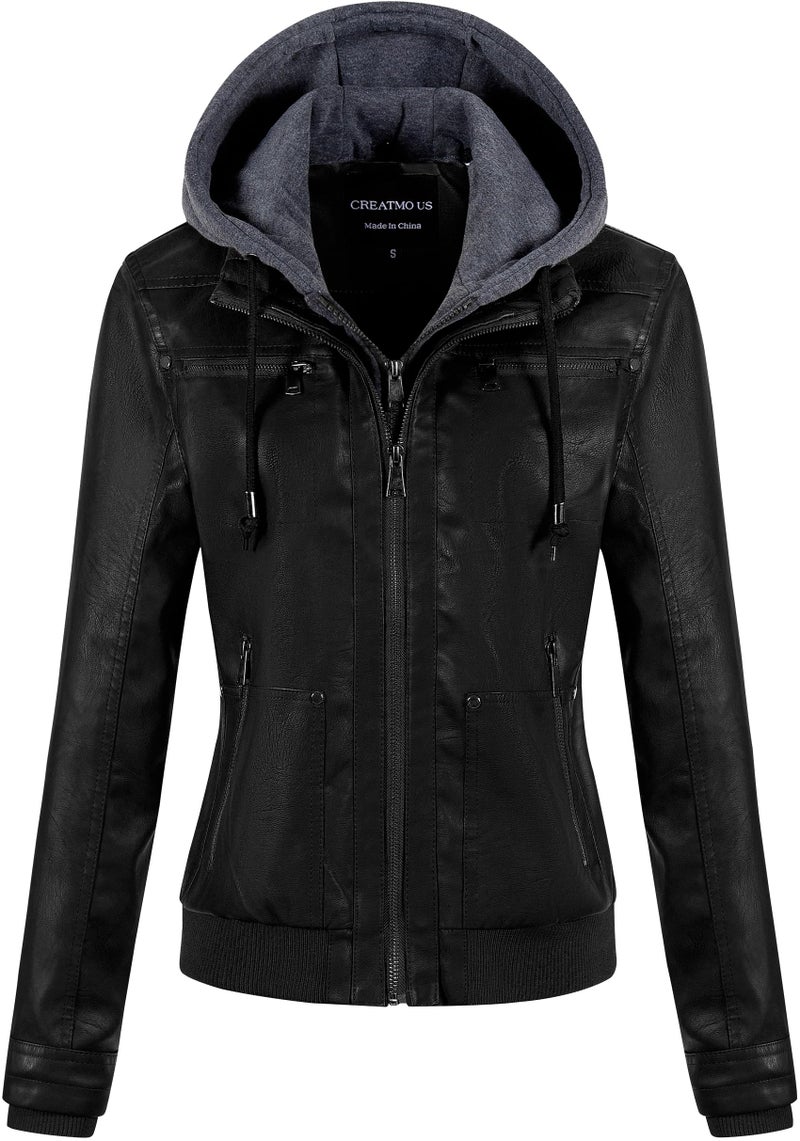 CREATMO US Jackets For Women Fall Leather Coats Chaqueta Cuero Mujer Ladies Faux Leather Motorcycle Jacket Biker Coat With Removable Hood Black L - Image 1