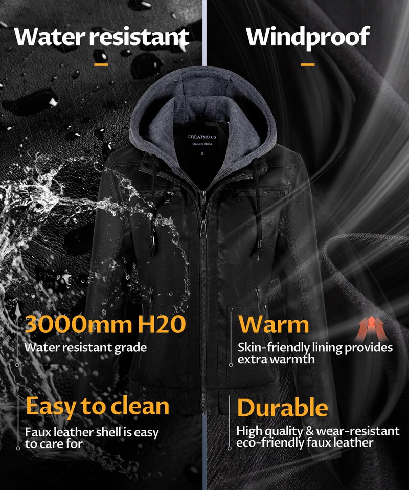 CREATMO US Jackets For Women Fall Leather Coats Chaqueta Cuero Mujer Ladies Faux Leather Motorcycle Jacket Biker Coat With Removable Hood Black L - Image 5
