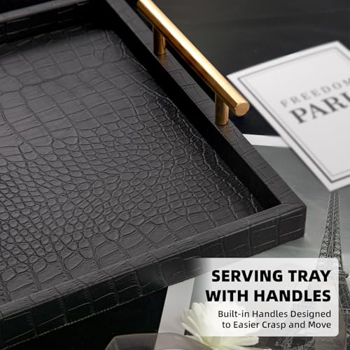 JUMBO HUMBLE Modern Elegant Large Wood Serving Tray, Set of 2 Black Crocodile Leather with Gold Polished Metal Handles, Home Decorative Rectangle Ottoman Decor Platter Living Room Bathroom Vanity Tray - Image 4