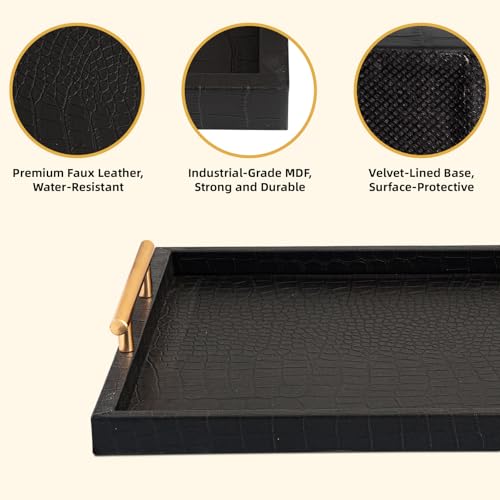 JUMBO HUMBLE Modern Elegant Large Wood Serving Tray, Set of 2 Black Crocodile Leather with Gold Polished Metal Handles, Home Decorative Rectangle Ottoman Decor Platter Living Room Bathroom Vanity Tray - Image 3