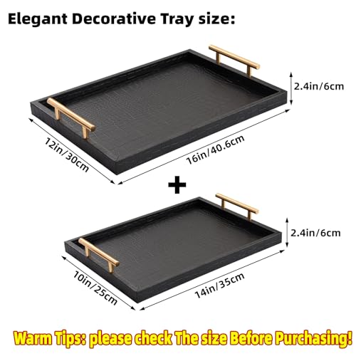 JUMBO HUMBLE Modern Elegant Large Wood Serving Tray, Set of 2 Black Crocodile Leather with Gold Polished Metal Handles, Home Decorative Rectangle Ottoman Decor Platter Living Room Bathroom Vanity Tray - Image 2