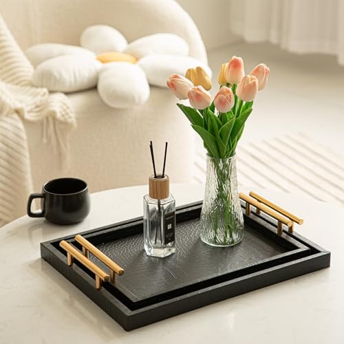 JUMBO HUMBLE Modern Elegant Large Wood Serving Tray, Set of 2 Black Crocodile Leather with Gold Polished Metal Handles, Home Decorative Rectangle Ottoman Decor Platter Living Room Bathroom Vanity Tray - Image 5