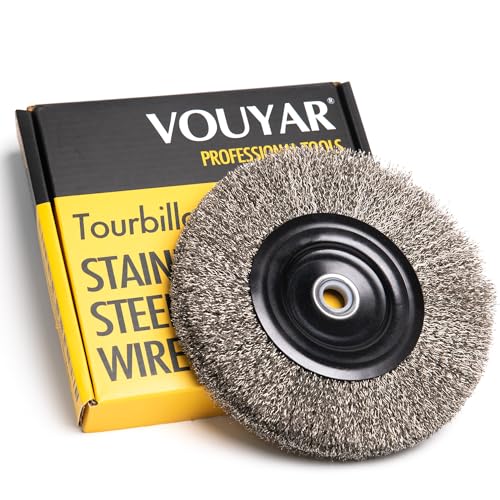 Vouyar 6 Inch Stainless Steel Wire Wheel for Bench Grinder with 1/2-Inch and 5/8-Inch Arbor, .012" Stainless Steel Wire - Image 1
