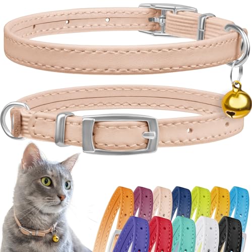 CollarDirect Leather Cat Collar with Bell - Kitten Collar, Small and Big Cat Strap for Boy Cats, Girl Cats with Safety Elastic Strap (Neck Fit 8"-11", Beige) - Image 1