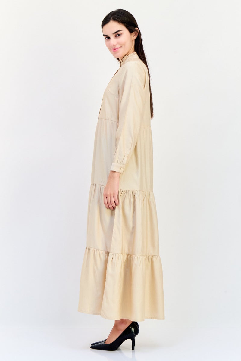 bebe فستان ماكسي منسوج للنساء، بيج - Image 4