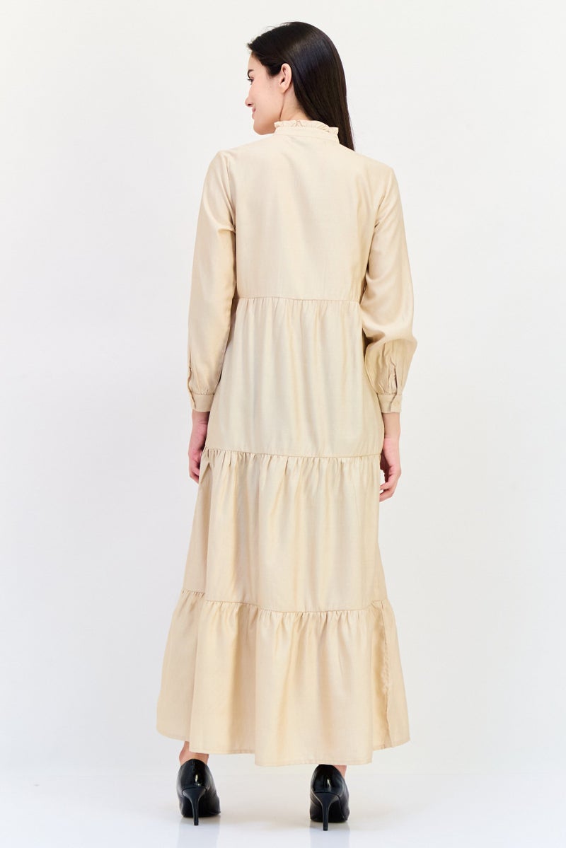 bebe فستان ماكسي منسوج للنساء، بيج - Image 4