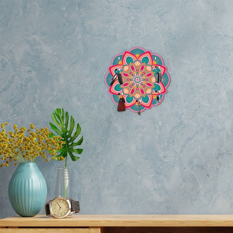 CVANU CVANU Beautiful Printed Flower Design Wooden Key Holder 5 Strong Knob Hooks for Keys Hanging Size9inch x 9inch_Black_cv16  - Image 4