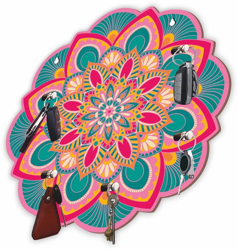 CVANU CVANU Beautiful Printed Flower Design Wooden Key Holder 5 Strong Knob Hooks for Keys Hanging Size9inch x 9inch_Black_cv16  - Image 3