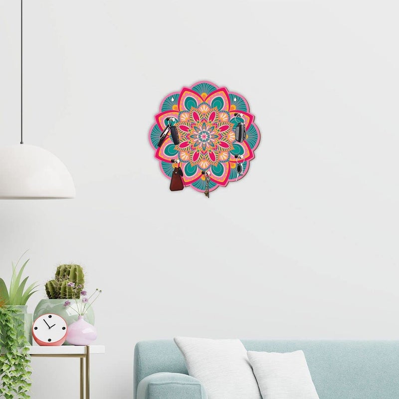 CVANU CVANU Beautiful Printed Flower Design Wooden Key Holder 5 Strong Knob Hooks for Keys Hanging Size9inch x 9inch_Black_cv16  - Image 1
