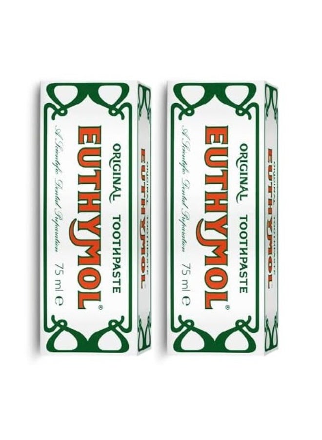 Euthymoly Euthymol Original Toothpaste, Fluoride Free, Anti-Plaque, Antibacterial, Cavity Protection, Clean and Healthy Teeth and Gums, Fresh Mint, Daily Oral Enamel Dental Care 75ml x 2 - Image 1