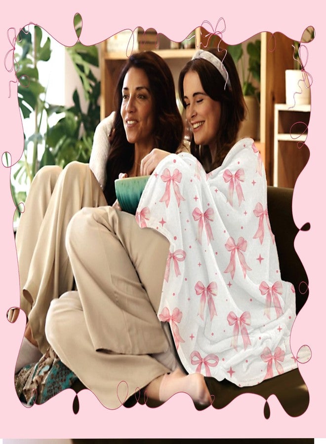Halfchet 2 Pcs Valentine Pink Bow Bed Blankets and Slipper Set Gifts for Women Friends Sister Coquette Preppy Stuff 50" x 60" Flannel Soft Plush Fluffy Warm Fur Slippers for Winter Indoor Home - Image 5