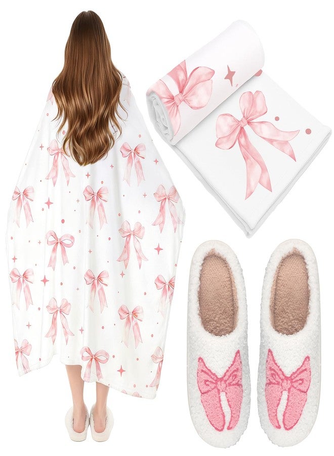 Halfchet 2 Pcs Valentine Pink Bow Bed Blankets and Slipper Set Gifts for Women Friends Sister Coquette Preppy Stuff 50" x 60" Flannel Soft Plush Fluffy Warm Fur Slippers for Winter Indoor Home - Image 1