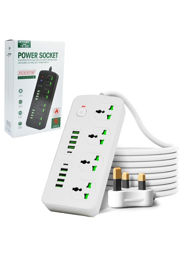 سكاي فيو شريط طاقة واقي من زيادة التيار - سلك تمديد بمقبس مسطح مع 4 منافذ و8 منافذ USB ومنفذين من النوع C، سلك طاقة بطول 2 متر (3000 واط/16 أمبير/110 فولت-265 فولت) مادة مقاومة للهب من البولي كربونات، قلب نحاسي نقي (أبيض) - Image 1